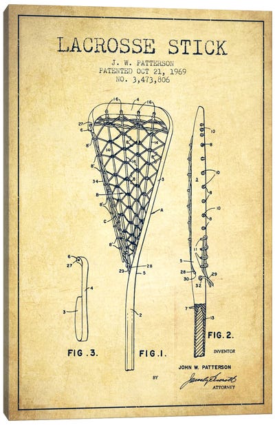 Lacrosse Stick Vintage Patent Blueprint Canvas Art Print - Sports Blueprints