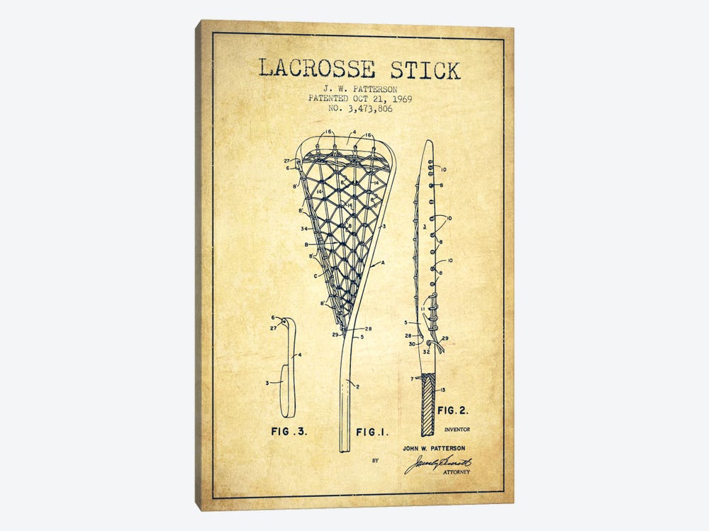 Lacrosse Stick Vintage Patent Blueprint by Aged Pixel 1-piece Canvas Artwork