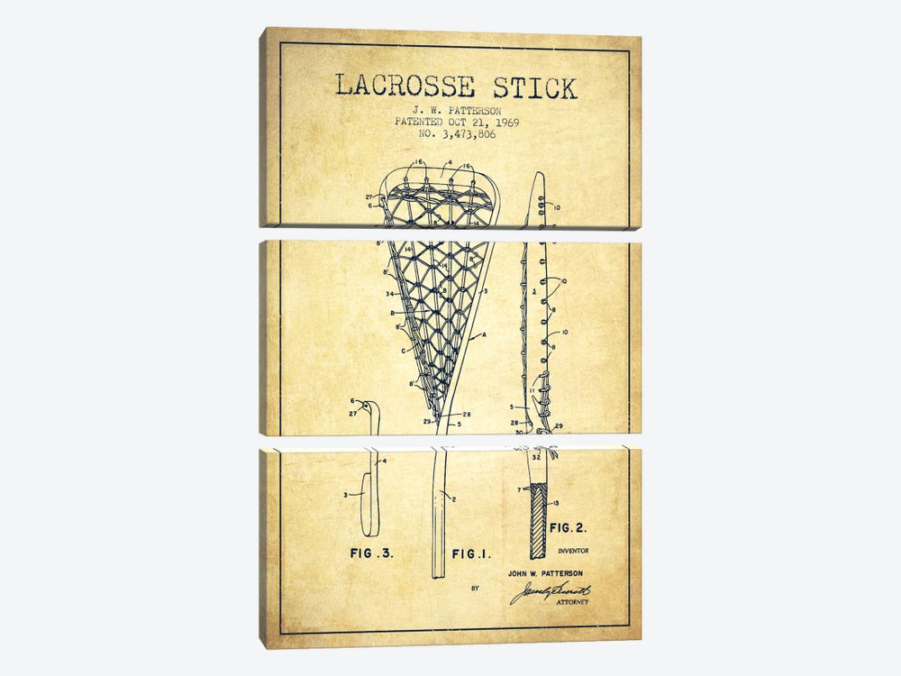 Lacrosse Stick Vintage Patent Blueprint 3-piece Canvas Wall Art