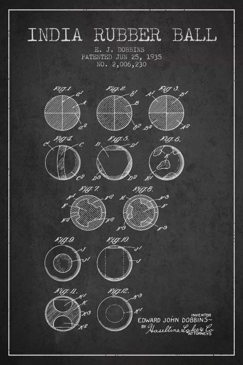 India Rubber Ball Charcoal Patent Blueprint by Aged Pixel wall art