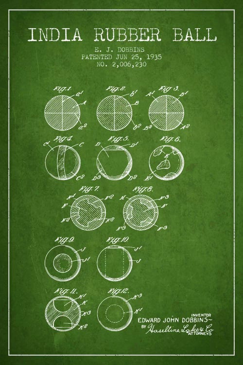 India Rubber Ball Green Patent Blueprint by Aged Pixel wall art