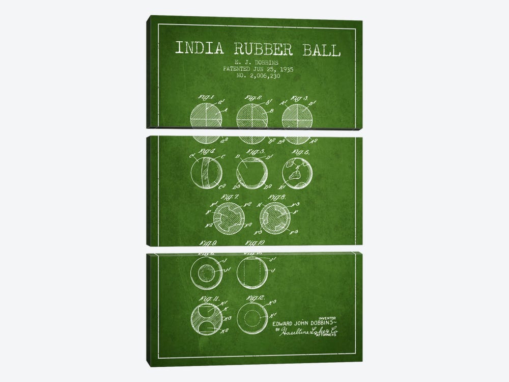 India Rubber Ball Green Patent Blueprint by Aged Pixel 3-piece Canvas Art