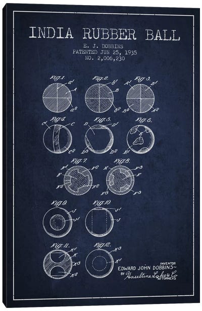 India Rubber Ball Navy Blue Patent Blueprint Canvas Art Print - Aged Pixel