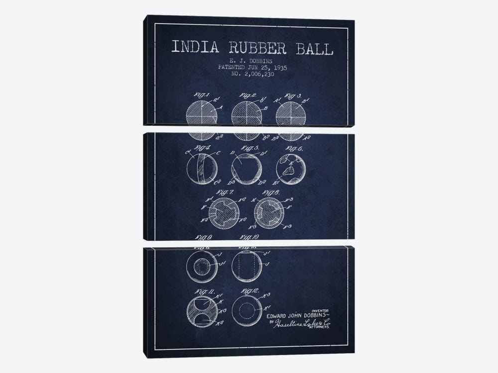 India Rubber Ball Navy Blue Patent Blueprint by Aged Pixel 3-piece Canvas Print