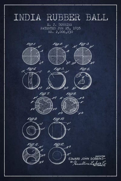 Sports Blueprints: India Rubber Ball Navy Blue Patent Blueprint by Aged Pixel