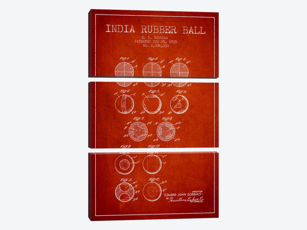 India Rubber Ball Red Patent Blueprint by Aged Pixel 3-piece Canvas Wall Art