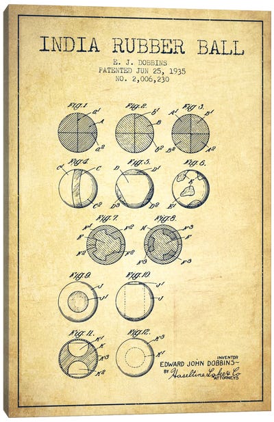 India Rubber Ball Vintage Patent Blueprint Canvas Art Print - Lacrosse Art