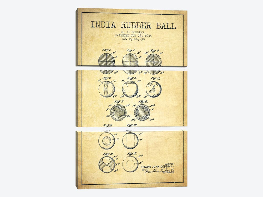 India Rubber Ball Vintage Patent Blueprint by Aged Pixel 3-piece Canvas Print