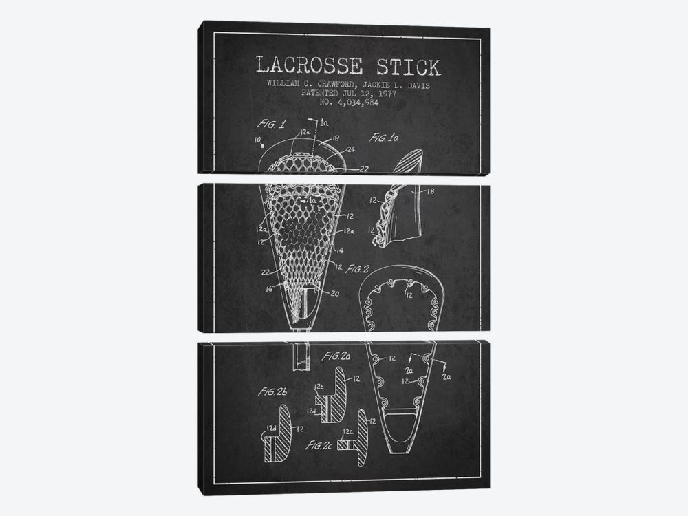 Lacrosse Stick Charcoal Patent Blueprint by Aged Pixel 3-piece Canvas Art Print