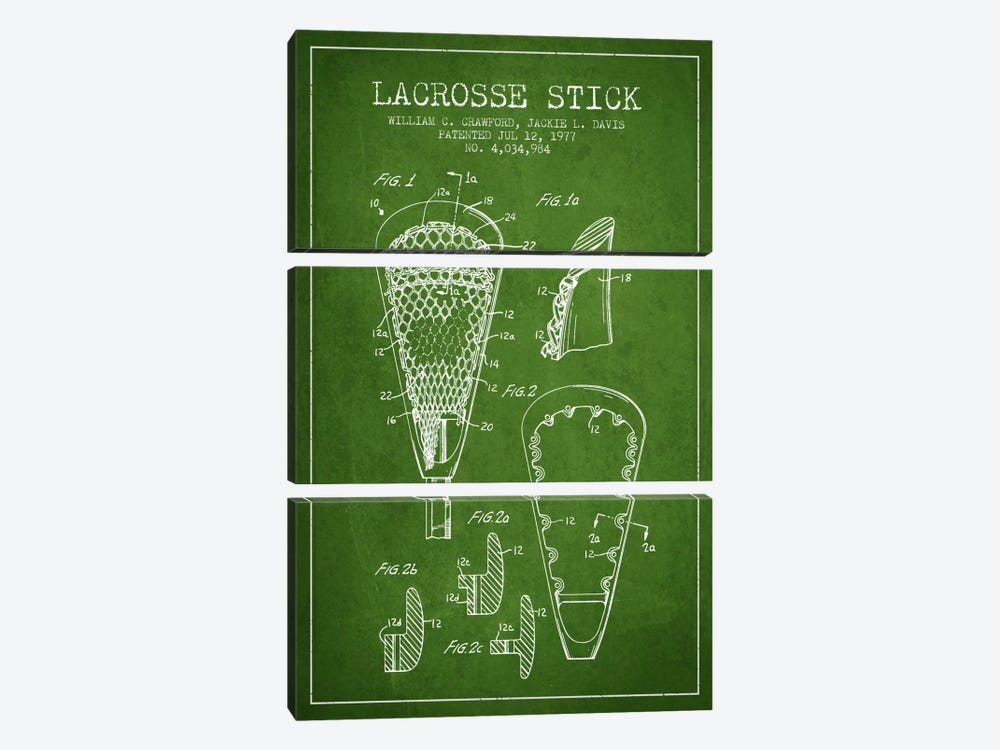 Lacrosse Stick Green Patent Blueprint by Aged Pixel 3-piece Canvas Wall Art