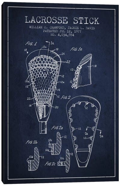 Lacrosse Stick Navy Blue Patent Blueprint Canvas Art Print - Aged Pixel: Sports