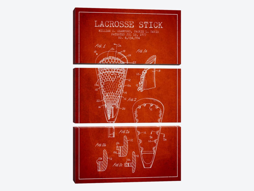 Lacrosse Stick Red Patent Blueprint by Aged Pixel 3-piece Canvas Artwork