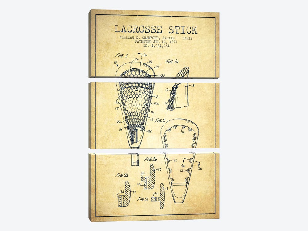 Lacrosse Stick Vintage Patent Blueprint by Aged Pixel 3-piece Canvas Art Print