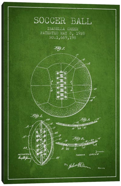 Soccer Ball Green Patent Blueprint Canvas Art Print - Aged Pixel: Sports