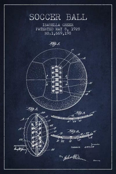 Soccer Ball Navy Blue Patent Blueprint by Aged Pixel art print