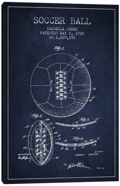 Soccer Ball Navy Blue Patent Blueprint Canvas Art Print - Aged Pixel: Sports