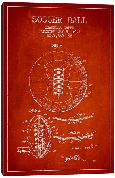 Soccer Ball Red Patent Blueprint Canvas Art Print - Sports Blueprints