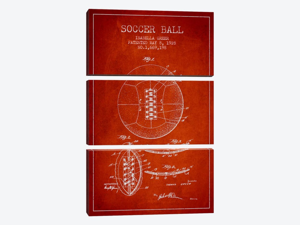 Soccer Ball Red Patent Blueprint 3-piece Canvas Print
