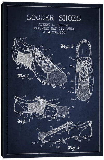 Soccer Shoe Navy Blue Patent Blueprint Canvas Art Print - Aged Pixel