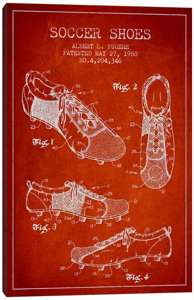 Soccer Shoe Red Patent Blueprint Canvas Art Print - Sports Blueprints
