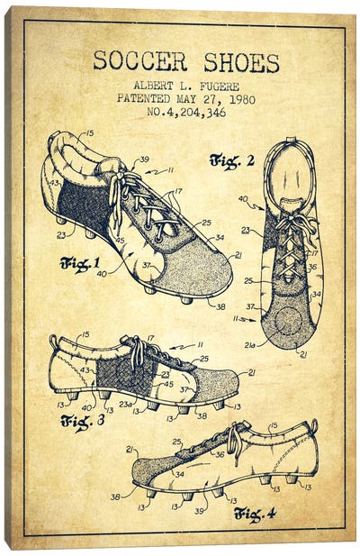 Soccer Shoe Vintage Patent Blueprint Canvas Art Print - Aged Pixel: Sports