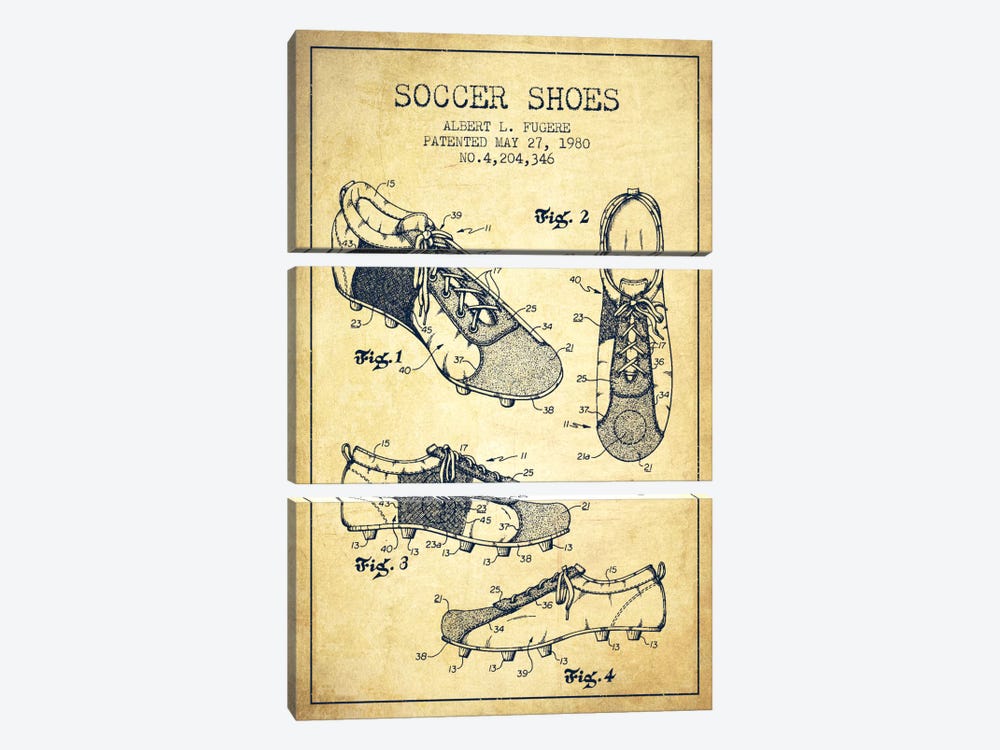 Soccer Shoe Vintage Patent Blueprint by Aged Pixel 3-piece Canvas Artwork
