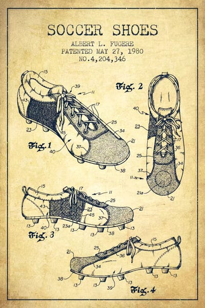Sports Blueprints: Soccer Shoe Vintage Patent Blueprint by Aged Pixel
