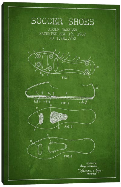 Soccer Shoe Green Patent Blueprint Canvas Art Print - Sports Blueprints