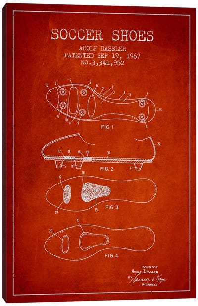 Soccer Shoe Red Patent Blueprint Canvas Art Print - Aged Pixel: Sports