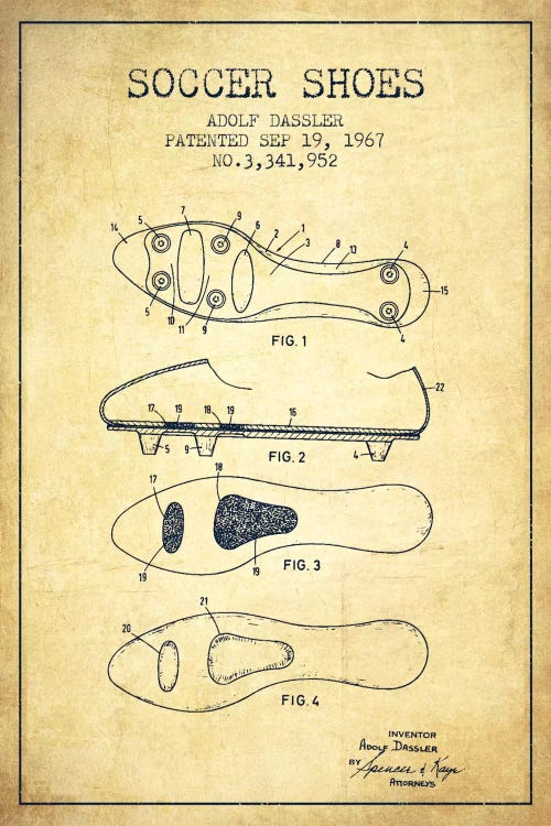 Soccer Shoe Vintage Patent Blueprint by Aged Pixel wall art