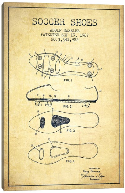 Soccer Shoe Vintage Patent Blueprint Canvas Art Print - Soccer Art