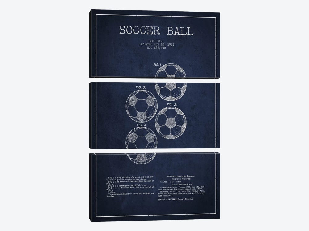 Soccer Ball Navy Blue Patent Blueprint by Aged Pixel 3-piece Canvas Print