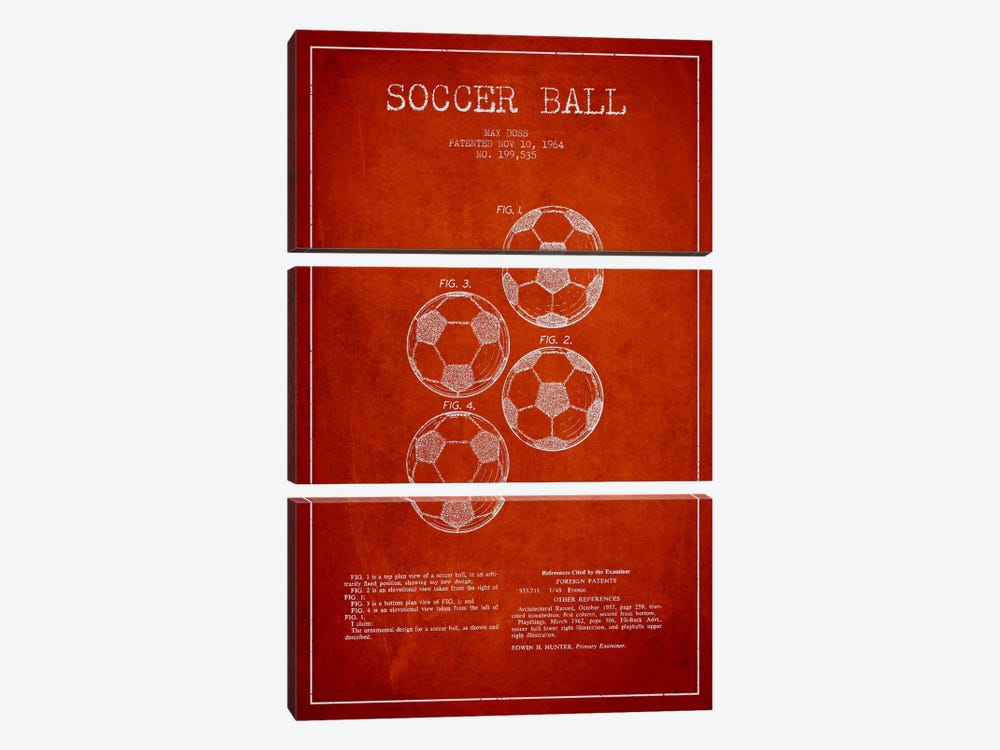 Soccer Ball Red Patent Blueprint by Aged Pixel 3-piece Canvas Wall Art