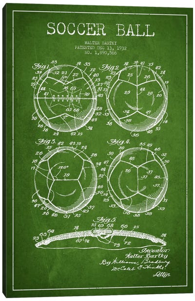 Bartky Soccer Ball Green Patent Blueprint Canvas Art Print - Soccer Art