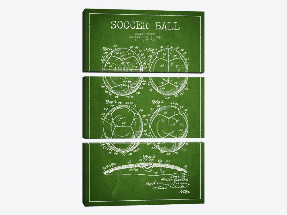Bartky Soccer Ball Green Patent Blueprint by Aged Pixel 3-piece Canvas Print