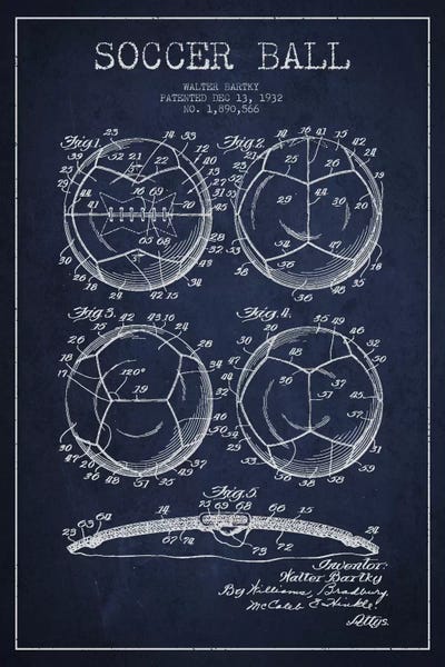 Bartky Soccer Ball Navy Blue Patent Blueprint by Aged Pixel canvas print