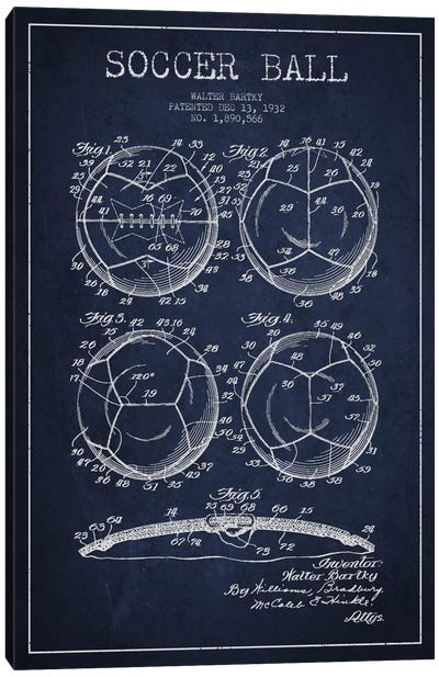Bartky Soccer Ball Navy Blue Patent Blueprint Canvas Art Print - Aged Pixel: Sports