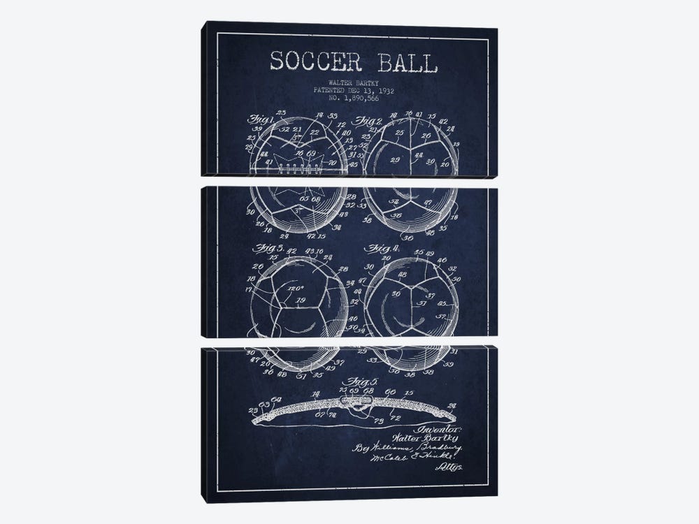 Bartky Soccer Ball Navy Blue Patent Blueprint by Aged Pixel 3-piece Canvas Wall Art