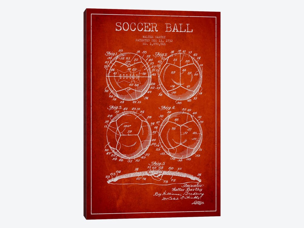 Bartky Soccer Ball Red Patent Blueprint 1-piece Canvas Art Print