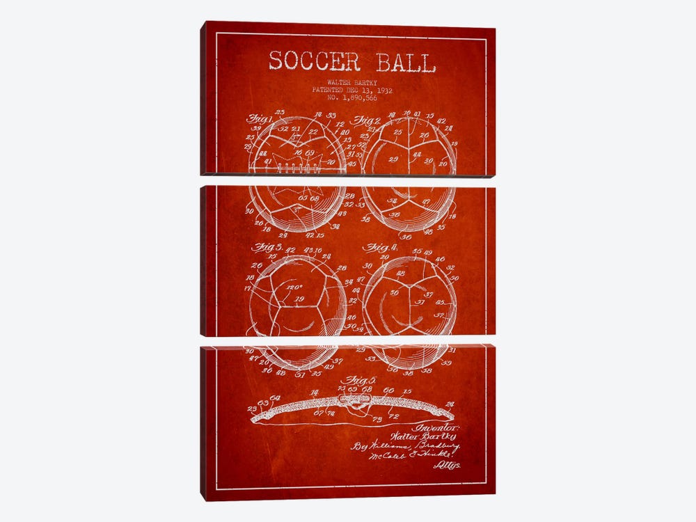 Bartky Soccer Ball Red Patent Blueprint by Aged Pixel 3-piece Art Print