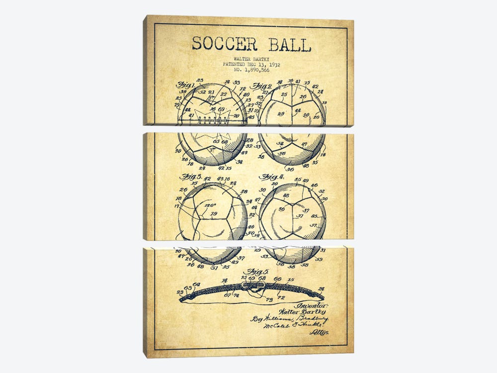 Bartky Soccer Ball Vintage Patent Blueprint by Aged Pixel 3-piece Canvas Artwork