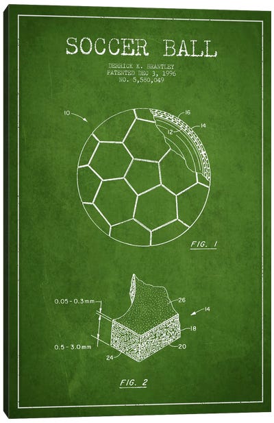 Brantley Soccer Ball Green Patent Blueprint Canvas Art Print - Soccer Art