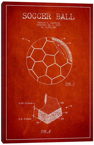 Brantley Soccer Ball Red Patent Blueprint Canvas Art Print - Aged Pixel: Sports