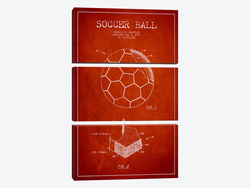 Brantley Soccer Ball Red Patent Blueprint by Aged Pixel 3-piece Canvas Print