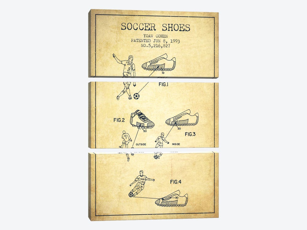 Cohen Soccer Shoe Vintage Patent Blueprint by Aged Pixel 3-piece Canvas Art Print