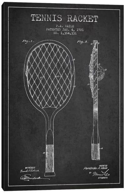 Tennis Racket Charcoal Patent Blueprint Canvas Art Print - Aged Pixel