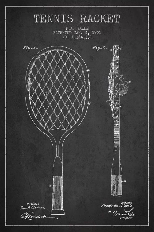 Tennis Racket Charcoal Patent Blueprint