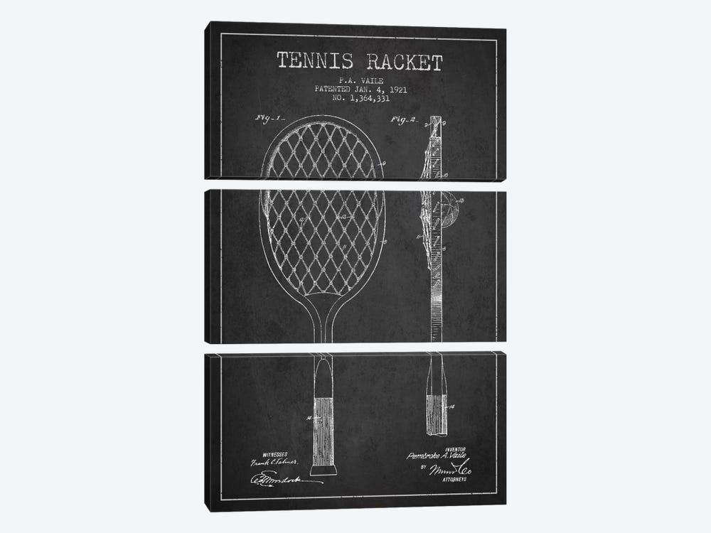 Tennis Racket Charcoal Patent Blueprint by Aged Pixel 3-piece Canvas Print
