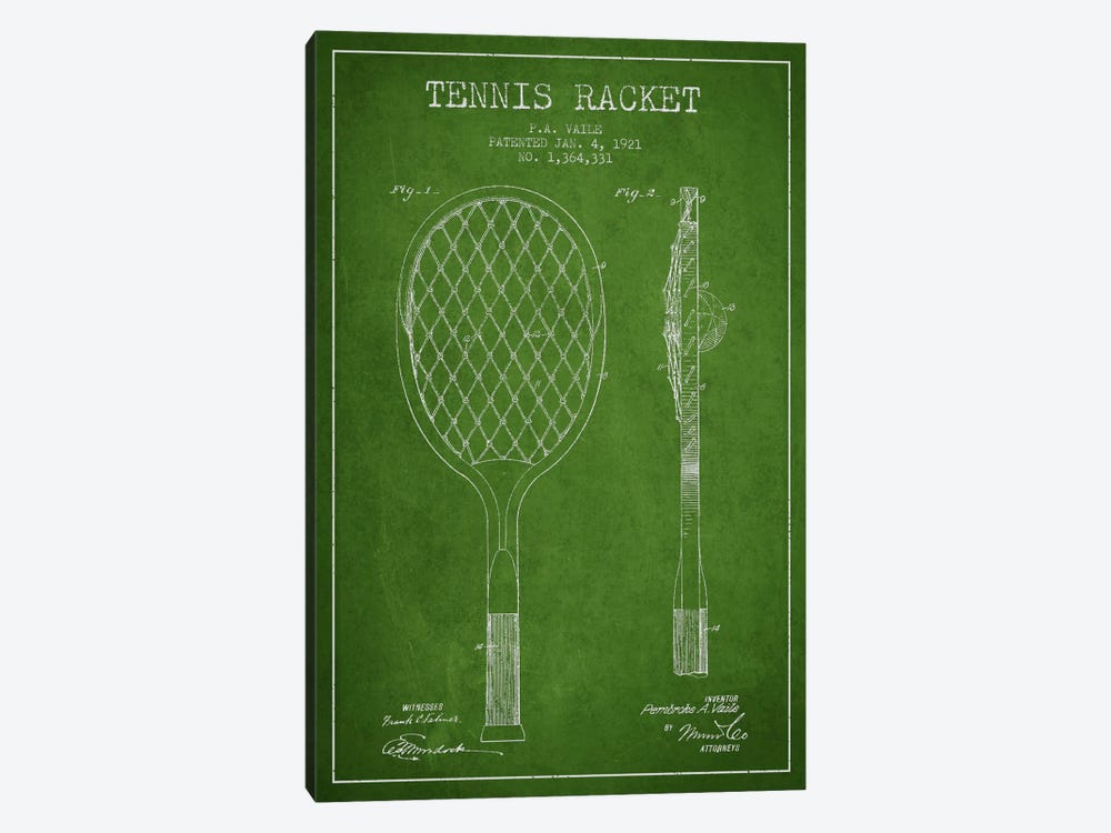 Tennis Racket Green Patent Blueprint by Aged Pixel 1-piece Canvas Wall Art