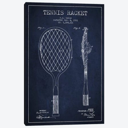 Tennis Racket Navy Blue Patent Blueprint Canvas Print #ADP2262} by Aged Pixel Canvas Artwork